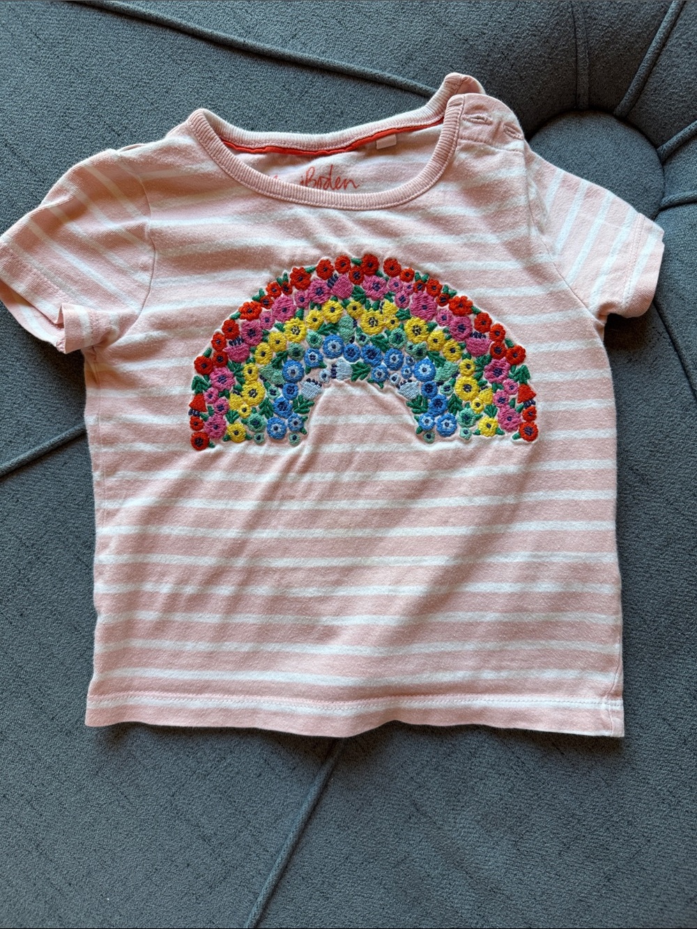 Mini Boden Pink and White Striped Tee with Embroidered Rainbow Flowers